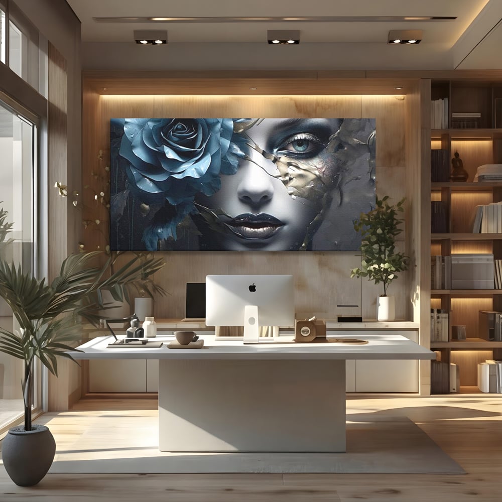 Tablou canvas cu tablou canvas cu chip de femeie si trandafir albastru, fara rama, pe sasiu de lemn, pe perete intr-un birou